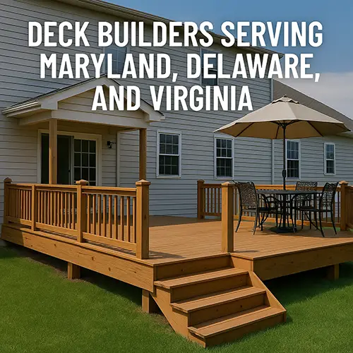 Wooden backyard deck with outdoor furniture attached to a beige home, built by Certified Inc, deck builders in Maryland, Delaware and Virginia